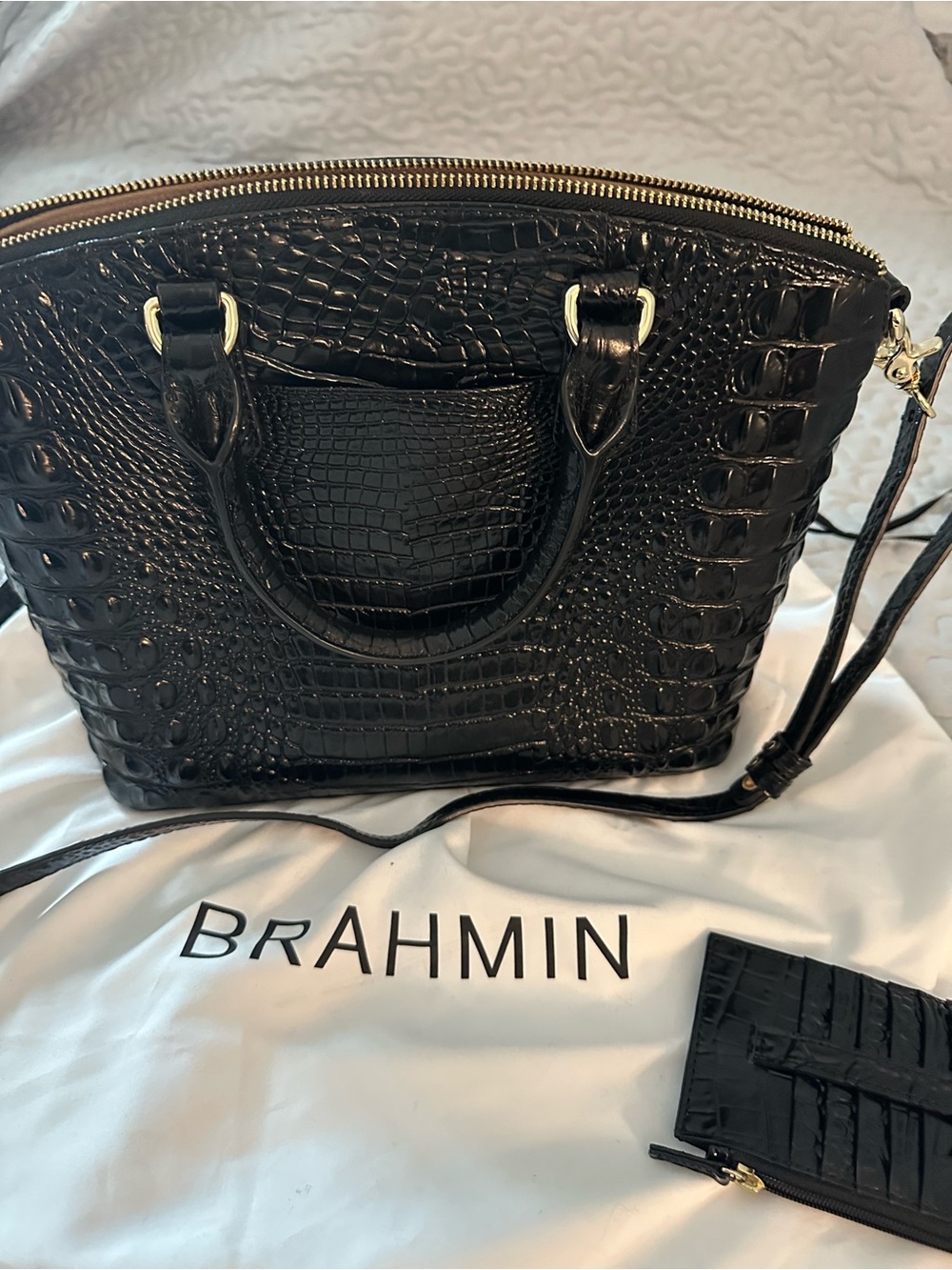Brahmin Black Croc-Embossed Satchel with Matching Card Case - Picture 5 of 10